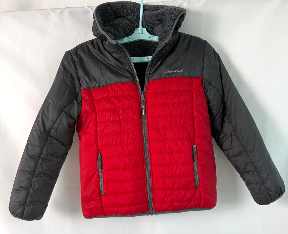 Eddie Bauer Kids Jacket Size M 10/12 Red Hooded Down Puffer Coat Reversible